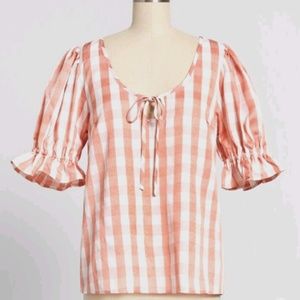 Pink Gingham Puff Sleeve Blouse